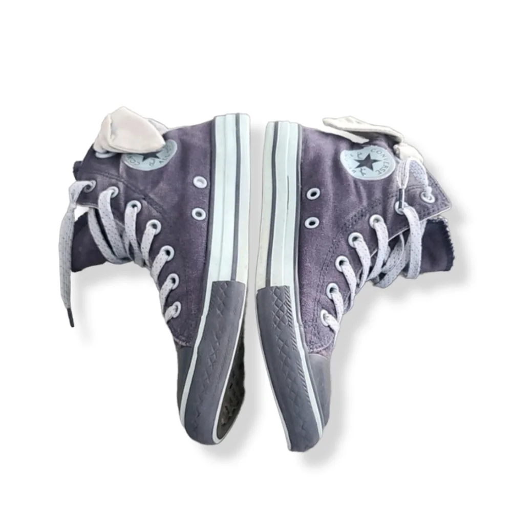 CONVERSE Blue Hi Top Sneakers Girls Size 2 Back Bows Double Tongue Chambray